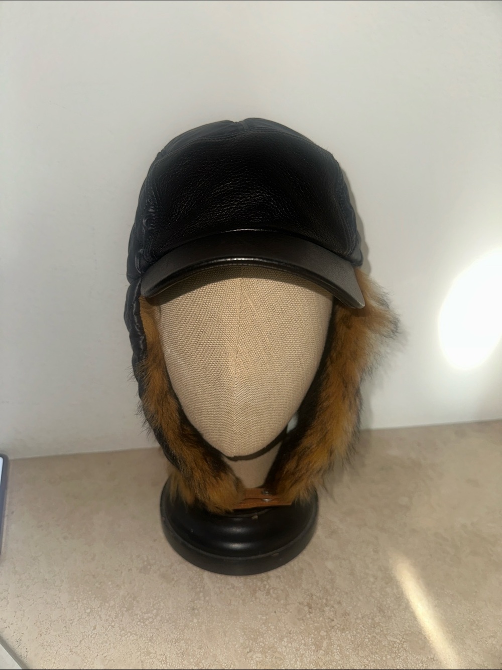 Ugg Black Quilted Trapped Aviator Cap with Brown Fur Trim